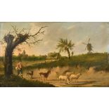 19th Century Dutch School. A Shepherd with a Goat and Sheep, Oil on panel. Indistinctly signed, Unfr