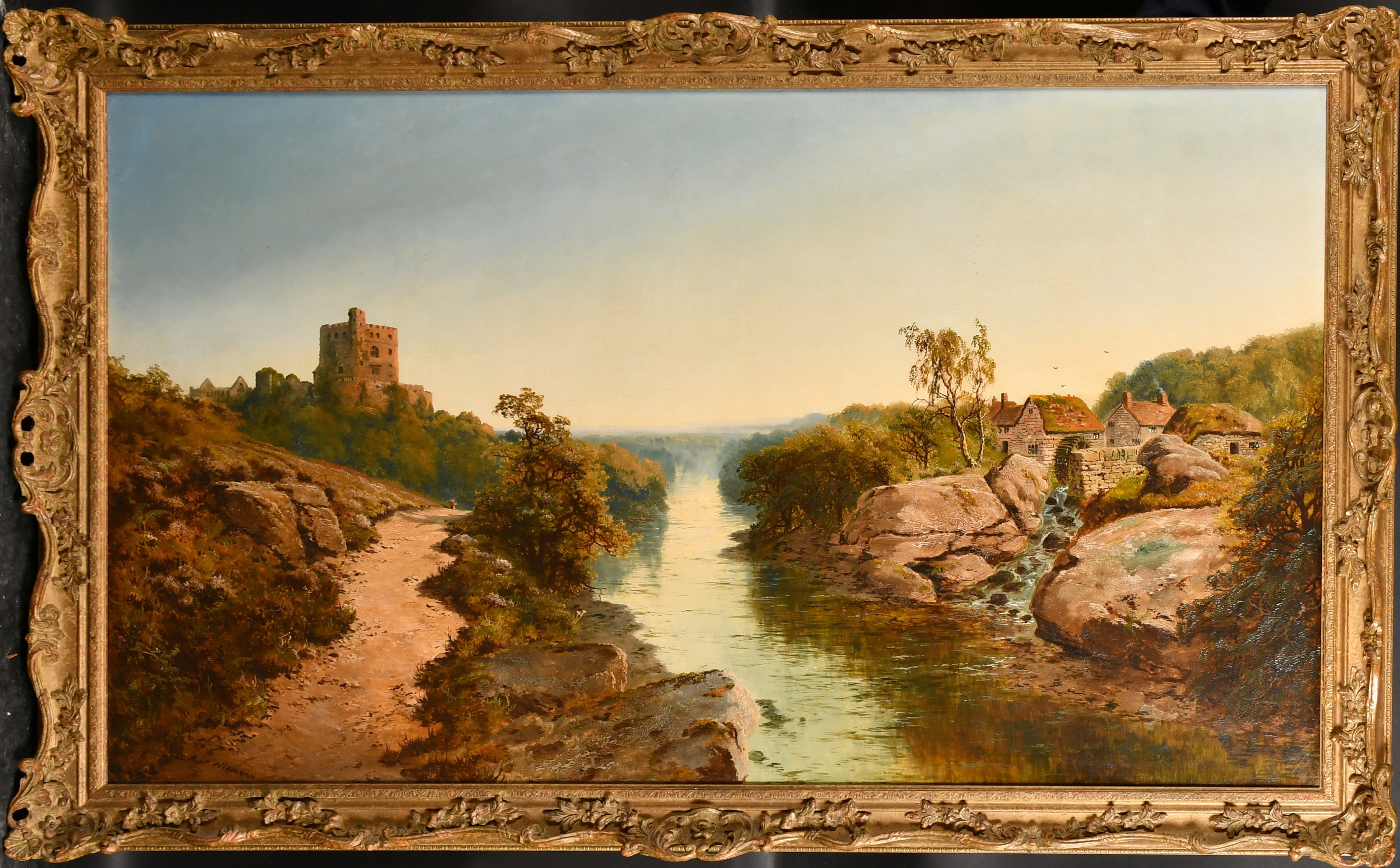 Edmund John Niemann (1813-1876) British. A River Landscape with a Castle and a Watermill, Oil on can - Image 2 of 4