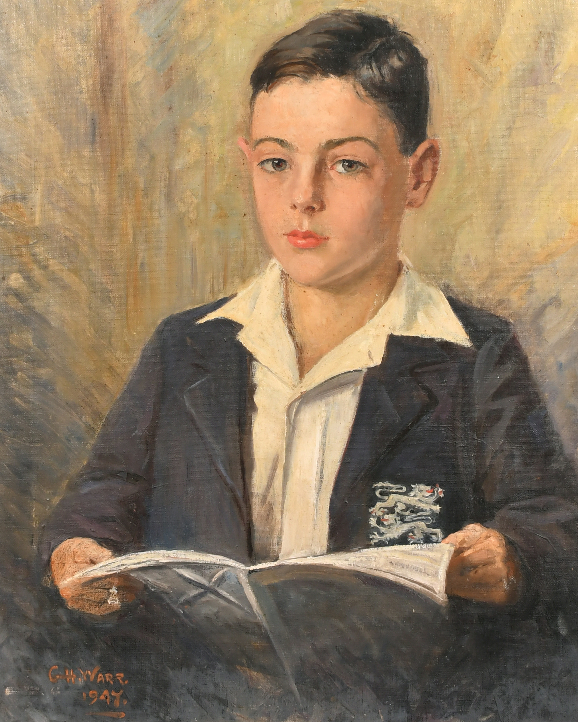 George H Warr (1877-?) British. A Portrait of a School Boy Cricketer, Oil on canvas, Signed and date