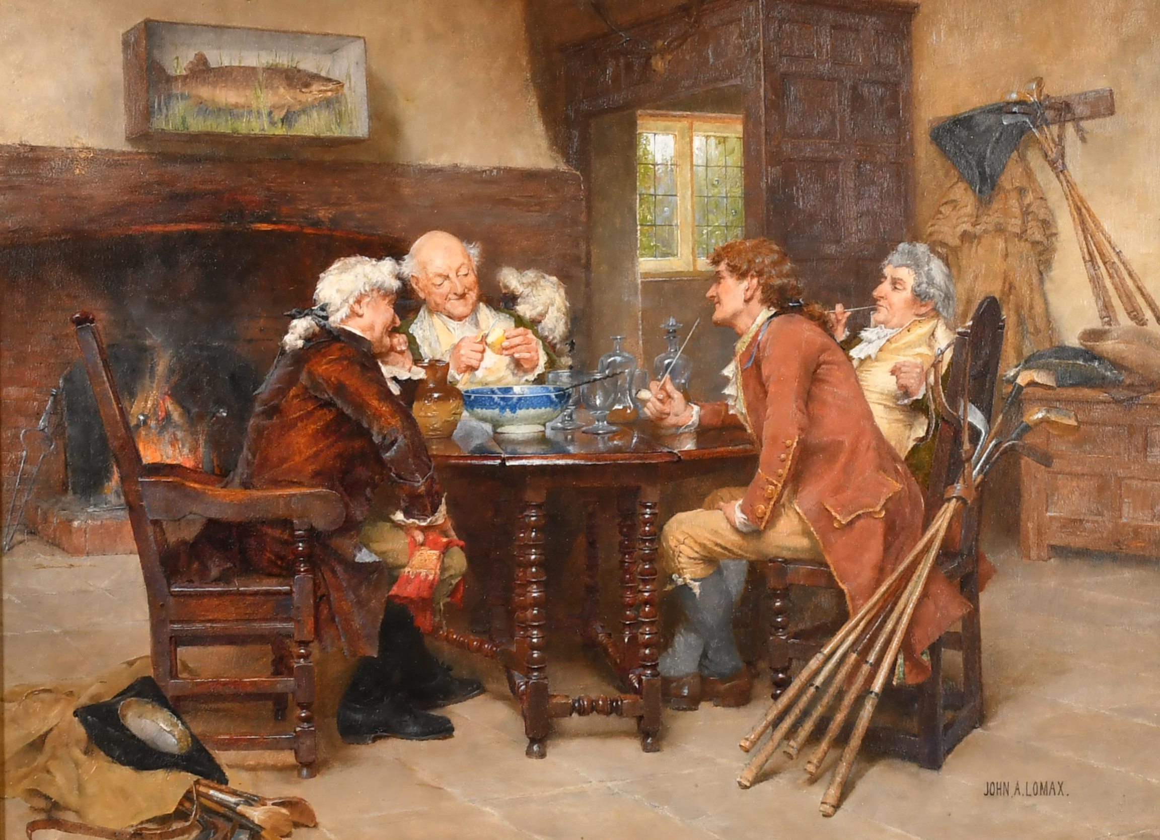 John Arthur Lomax (1857-1923) British. In The Golf Clubhouse, Oil on panel, Signed, 14" x 18.5" (35.