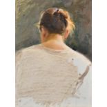I A Tikhy (1927-1982) Ukrainian. "The Back of the Woman's Head", Oil on card, Inscribed, and inscrib