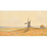 Robert Thorne Waite (1842-1935) British. "A Windmill on the Downs", Watercolour, Inscribed on a labe