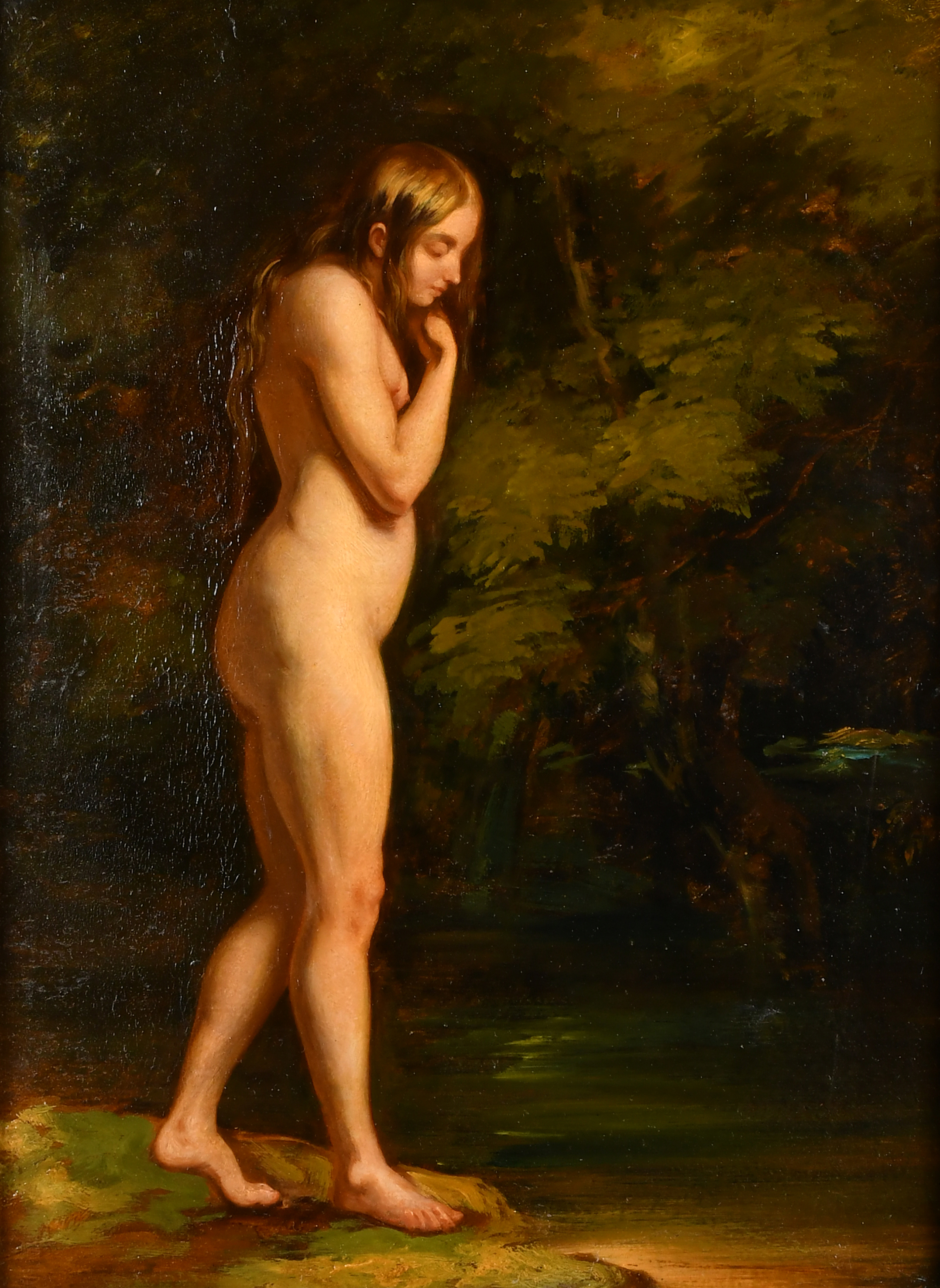 Circle of William Etty (1787-1849) British. A Standing Female Nude, Oil on panel, 18.5" x 13.5" (47