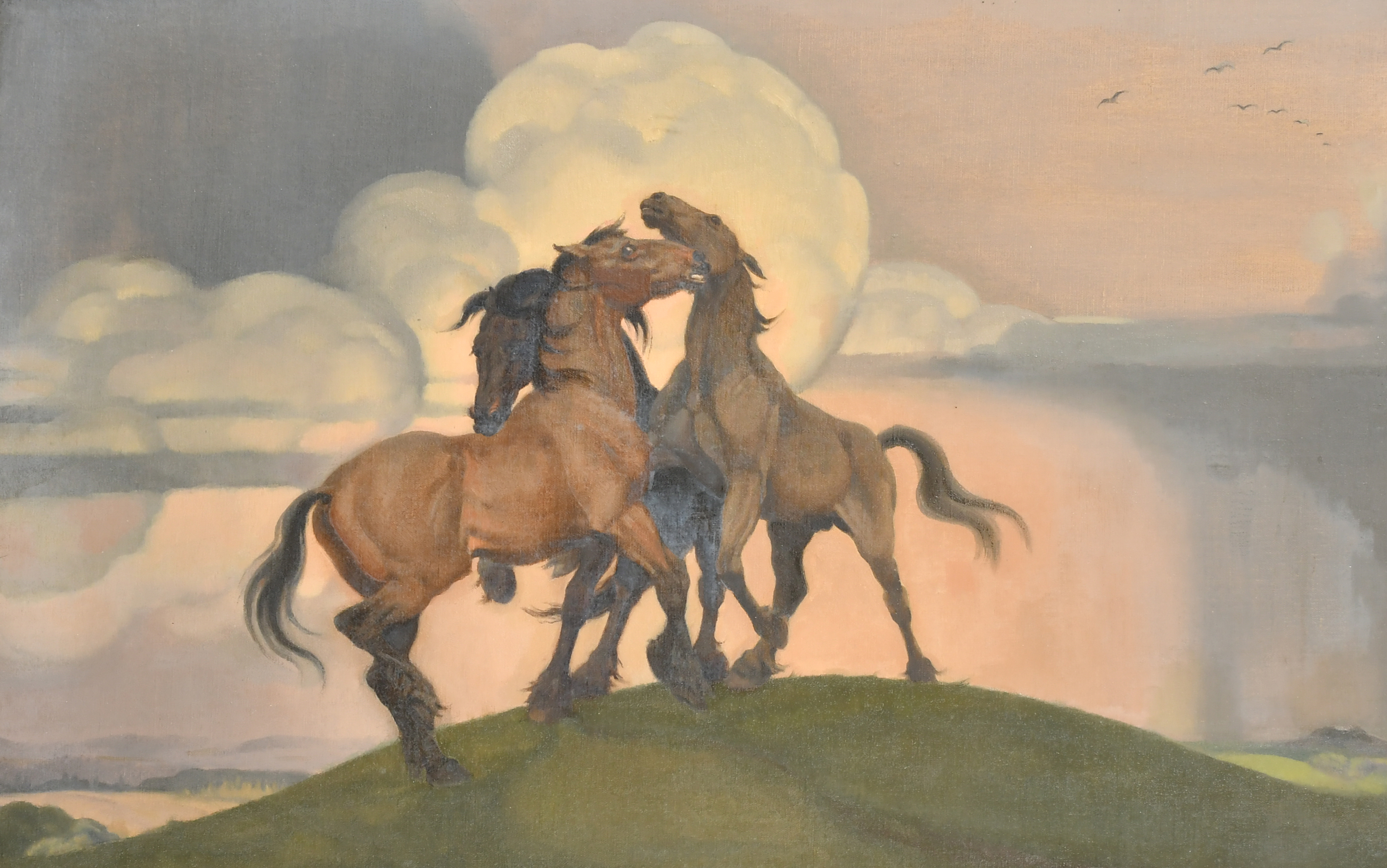 Kathleen Margaret Pearson (1898-1961) British. "The Three Horses", Oil on canvas, Signed and dated 1