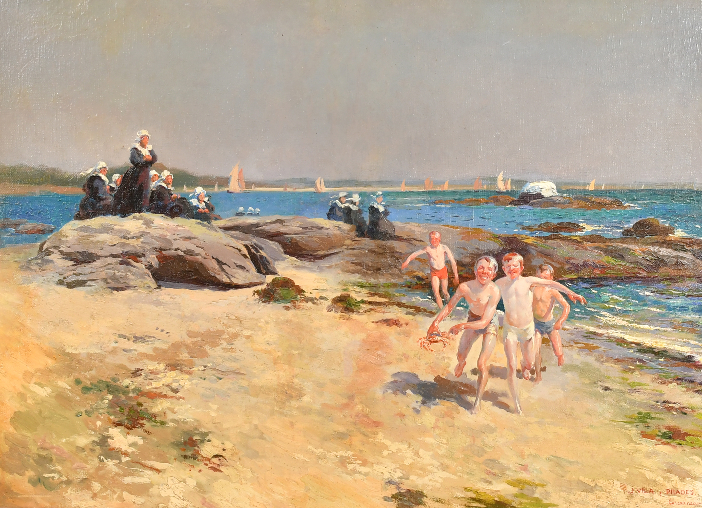 Julio Vila Y Prades (1873-1930) Spanish. Boys Playing on a Beach, Oil on canvas, Signed and inscribe