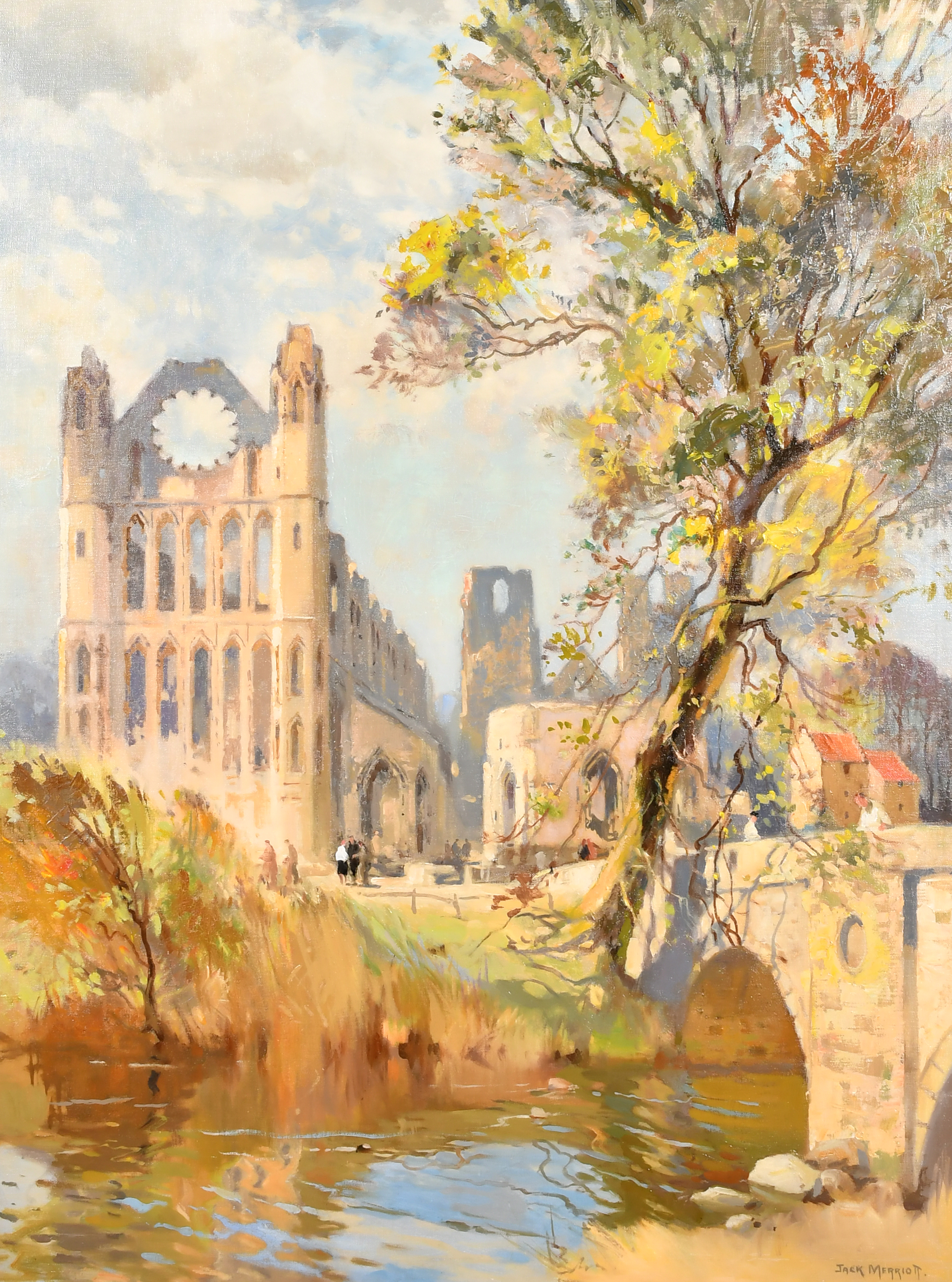 Jack Merriott (1901-1968) British. Elgin Cathedral, Oil on artist's board, Signed, 31" x 23" (78.8 x