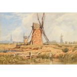 Miles Edmund Cotman (1810-1858) British. "Draining Windmills on Breydon Marsh, Yarmouth in the dista
