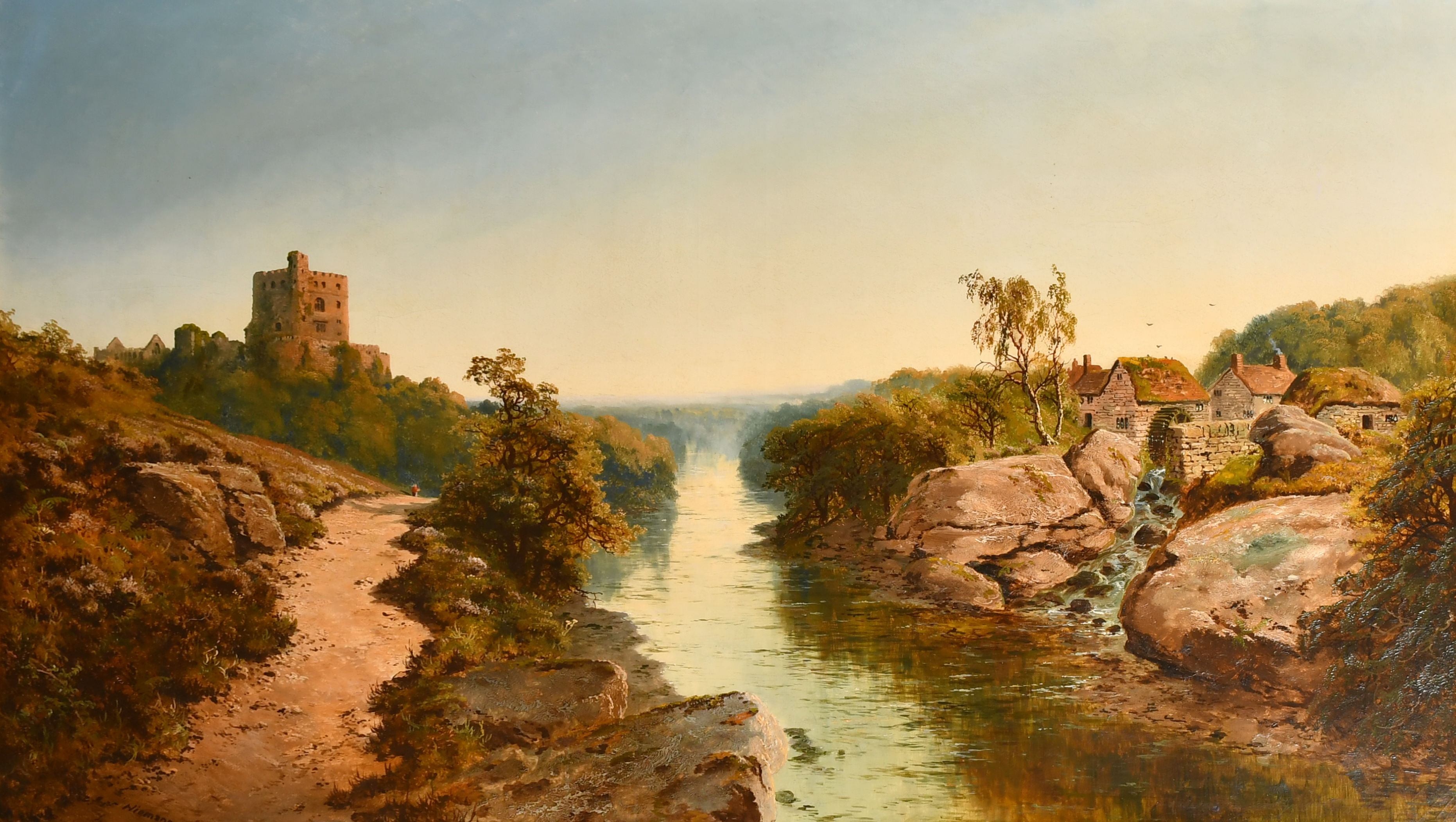 Edmund John Niemann (1813-1876) British. A River Landscape with a Castle and a Watermill, Oil on can