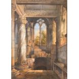 Samuel Prout (1783-1852) British. Interior of Rosslyn Chapel, Watercolour, Signed with monogram, 27.