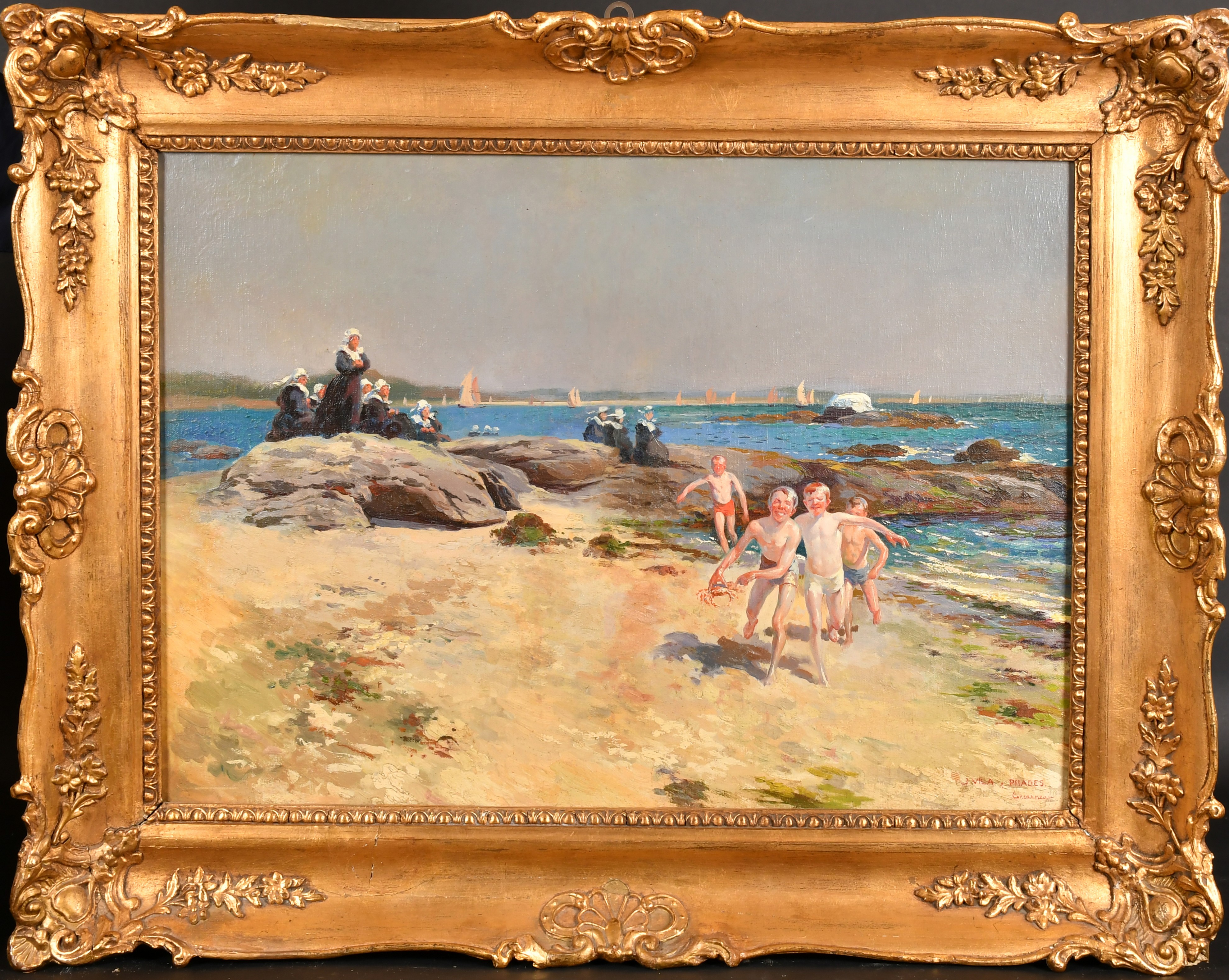 Julio Vila Y Prades (1873-1930) Spanish. Boys Playing on a Beach, Oil on canvas, Signed and inscribe - Image 2 of 4