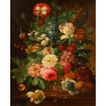 18th Century Italian School. Still Life of Flowers in a Wicker Basket, Oil on canvas, 20" x 16" (