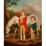 Circle of David Allan (1744-1796) British. Two Boys and a Horse at a Watering Hole, Oil on canvas,