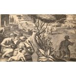 After Jan Strandinus (1523-1605) Dutch. "Quail Hunt", Engraved by Jan Galle, Mounted, unframed 7.75"