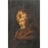 Manner of Rembrandt (1606-1669) Dutch. Bust Portrait of a Turbaned Man, Oil on panel, In a fine