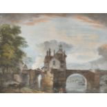 Paul Sandby (1731-1809) British. Figures Crossing an Old Stone Bridge, Watercolour and gouache,