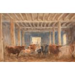 David Cox (1783-1859) British. Cattle in a Barn Interior, Watercolour, Signed and dated 1843, and
