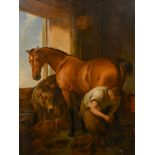 After Edwin Henry Landseer (1802-1873) British. "Shoeing", in the Blacksmiths, Oil on canvas, 56"