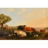 19th Century English School. Cattle at Rest, Oil on panel, In an ornate gilt composition frame, 8.5"