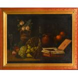 Late 18th Century European School. Still Life of Jugs, Urns and Fruit in a Basket, Oil on canvas, In