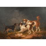 After George Morland (1763-1804) British. "Dogs", Oil on canvas, 14" x 19" (35.5 x 48.2cm)