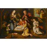 Circle of Gillis Coignet (1538-1599) German. The Nativity, Oil on panel, 43" x 65.75" (109.2 x