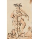 Daniel Duringer (1720-1786) Swiss. A Fiddler, Ink and wash, Signed and inscribed, 7.75" x 5.25" (