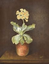 Jose Escofet (1930- ) Spanish. "Green and Red Auricula in Clay Pot, 1989", Gouache, Signed, and