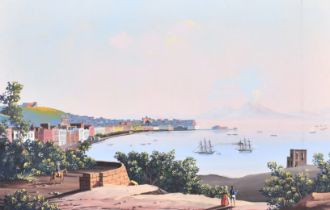 Manner of Gioacchino La Pira (1839-1870) Italian. The Bay of Naples, Gouache, 14" x 22" (35.5 x 55.