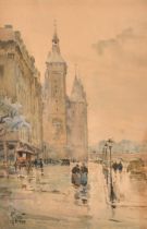 Rene Leverd (1872-1938) French. "Busy Street Scene in Paris", Watercolour, Signed, 15" x 10" (38.1 x