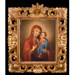 19th Century Greek School. The Madonna and Child, Oil on panel, In a carved giltwood Florentine