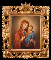 19th Century Greek School. The Madonna and Child, Oil on panel, In a carved giltwood Florentine