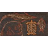 19th Century Australian School. Aboriginal Art of Fish on Bark, Unframed 14" x 25" (35.5 x 63.5cm)