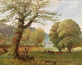 Francis H Eastwood (1855-1908) British. A River Landscape with Cows in the foreground, Oil on board,