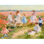 Konstantin Razumov (1974- ) Russian. "Walking in a Field of Poppies", Oil on canvas, Signed in