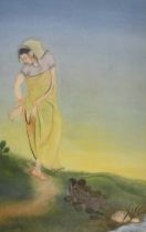 M D Natesan (19th-20th Century) Indian. Indian Girl removing a Thorn from her Foot, Watercolour,