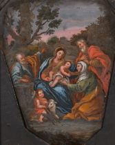 17th Century Italian School. The Holy Family, Oil on copper, Shaped 6.5" x 5.25" (16.5 x 13.3cm)