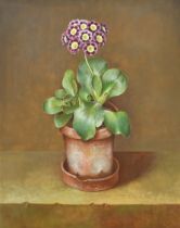 Jose Escofet (1930- ) Spanish. "Purple and White Auricula in Clay Pot, 1989", Gouache, Signed, and