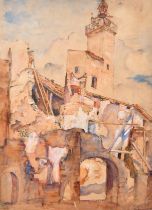 Madeline Rachel Wells (1879-1959) British. Workmen Restoring a Building, Watercolour, Signed, and