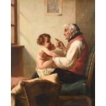 August Muller (1836-1885) German. "Lesson From Grandfather", Oil on canvas, Signed, inscribed '