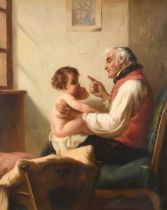 August Muller (1836-1885) German. "Lesson From Grandfather", Oil on canvas, Signed, inscribed '