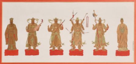 Early 20th Century Chinese School. 'Chinese Deities', Gouache, Inscribed in pencil, 10.5" x 22.5" (