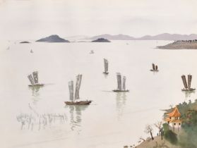 Patrick Procktor (1936-2003) British. "Lake Tai Hu, Junks, Wushi" c.1980, Watercolour, Signed in