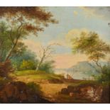 Late 18th Century English School. Figures in a Landscape, Oil on panel, 4.75" x 5.25" (12.1 x 13.