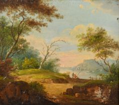 Late 18th Century English School. Figures in a Landscape, Oil on panel, 4.75" x 5.25" (12.1 x 13.