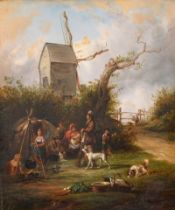 John Steurt (19th Century) British. A Gypsy Encampment with a Windmill beyond, Oil on panel, Signed,