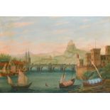 19th Century European School. A Continental River Scene with Soldiers Crossing a Bridge, Oil on