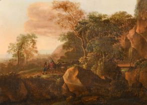 Circle of Jan Dirksz Both (1618-1652) Dutch. Figures in a Classical Landscape, Oil on canvas, 18"