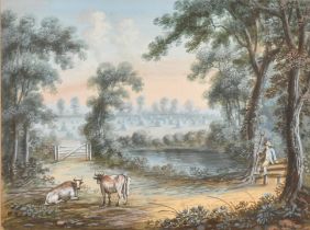 Circle of John Inigo Richards (1731-1810) British. A River Landscape with a Figure and Cattle in the