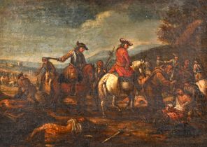 Circle of Carel van Falens (1683-1733) Flemish. After The Battle, Oil on canvas, In a fine carved