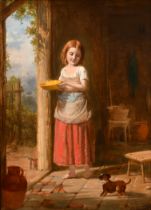 J O Banks (act.1856-1873) British. A Young Girl Feeding a Puppy, Oil on panel, Signed, 12" x 9" (